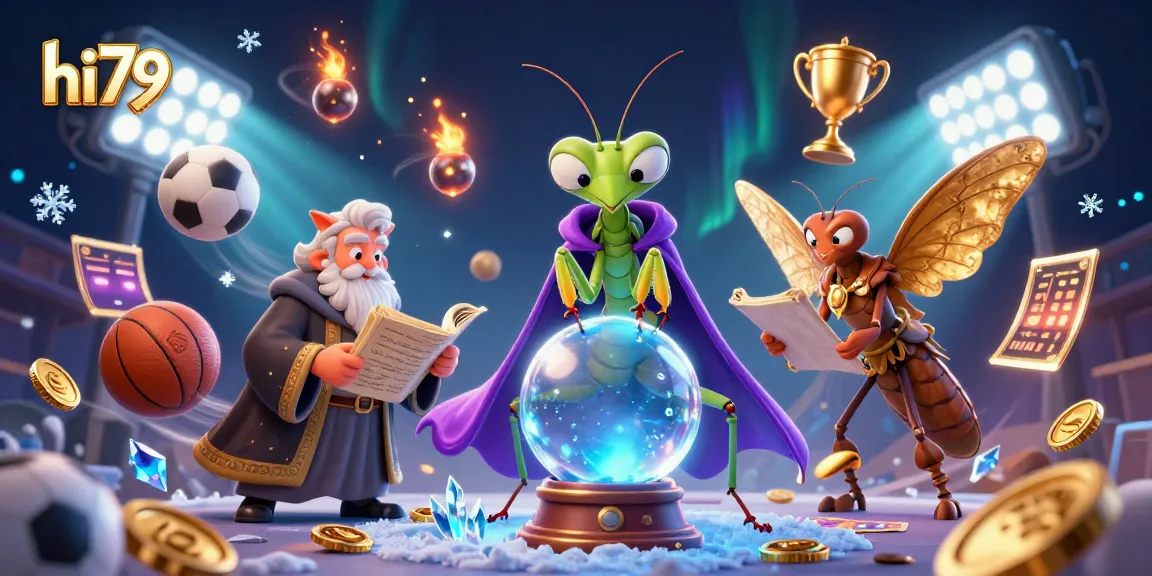 Visualize hi79 casino excitement with a mystical fortune teller and dynamic sports elements.