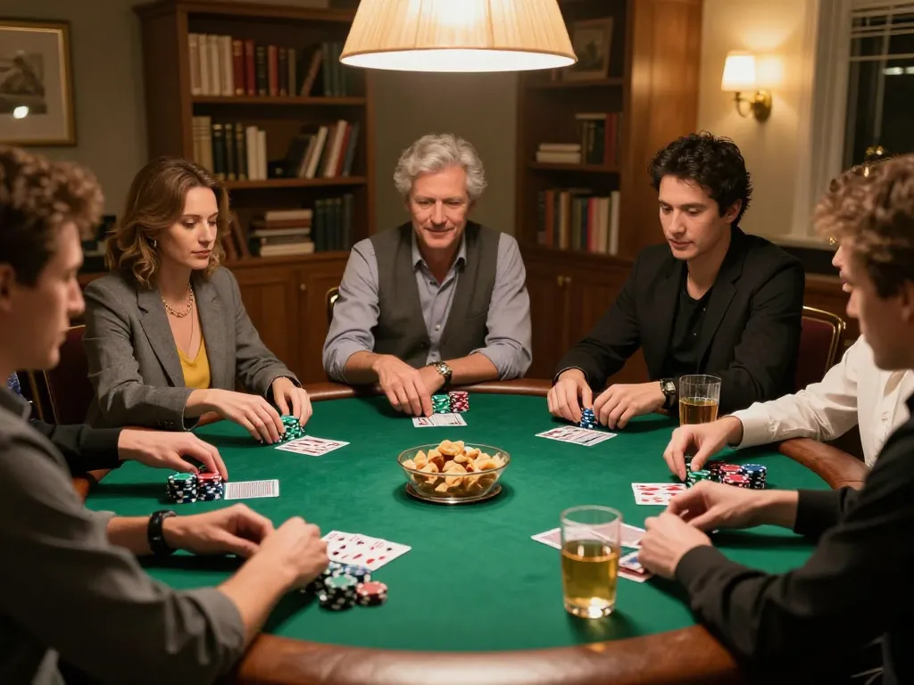 Engaging home poker game scene featuring nk88 strategies in action, with players involved and warm lighting.