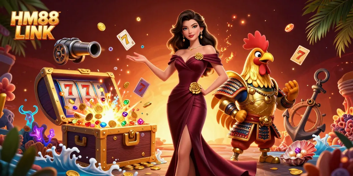 Engage with the thrill of HM88 LINK as you spin reels and win in vibrant casino-themed artwork.