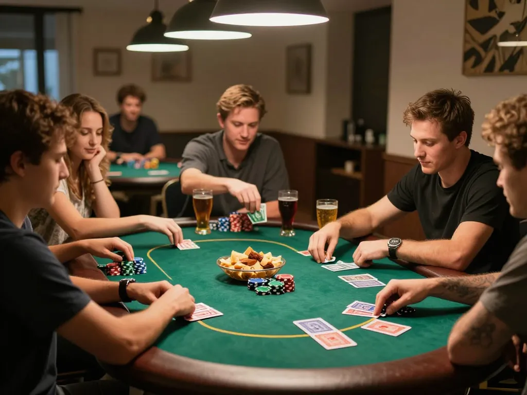 Engaged friends playing poker in a cozy setting showcasing MM88 gaming strategy and competitive spirit.