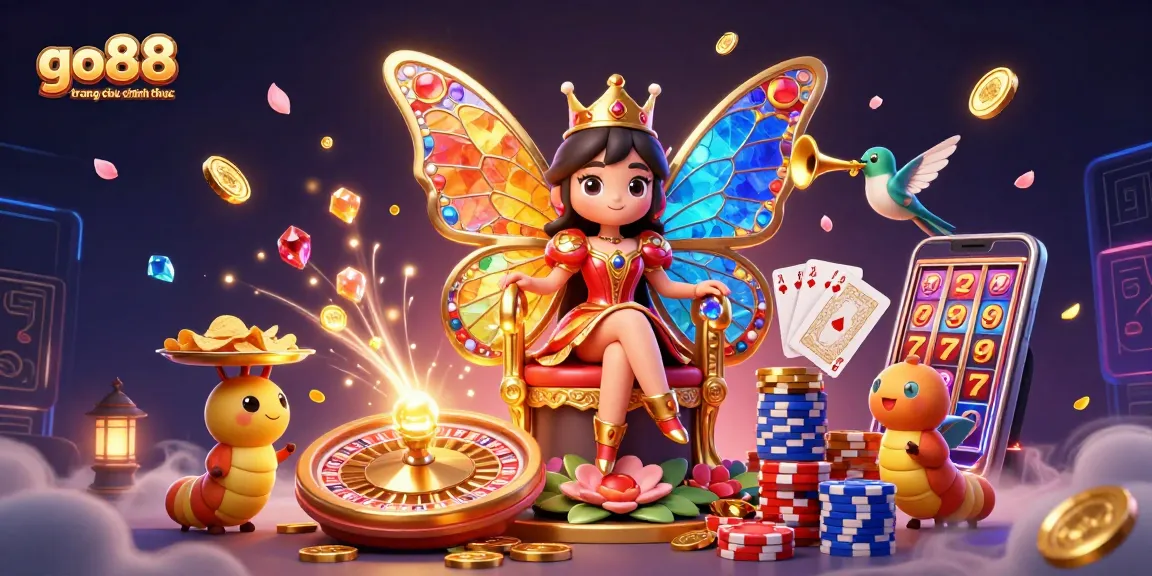 Enjoy the vibrant world of go88 trang chu chinh thuc with a magical casino scene alive with butterfly queens and golden treasures.