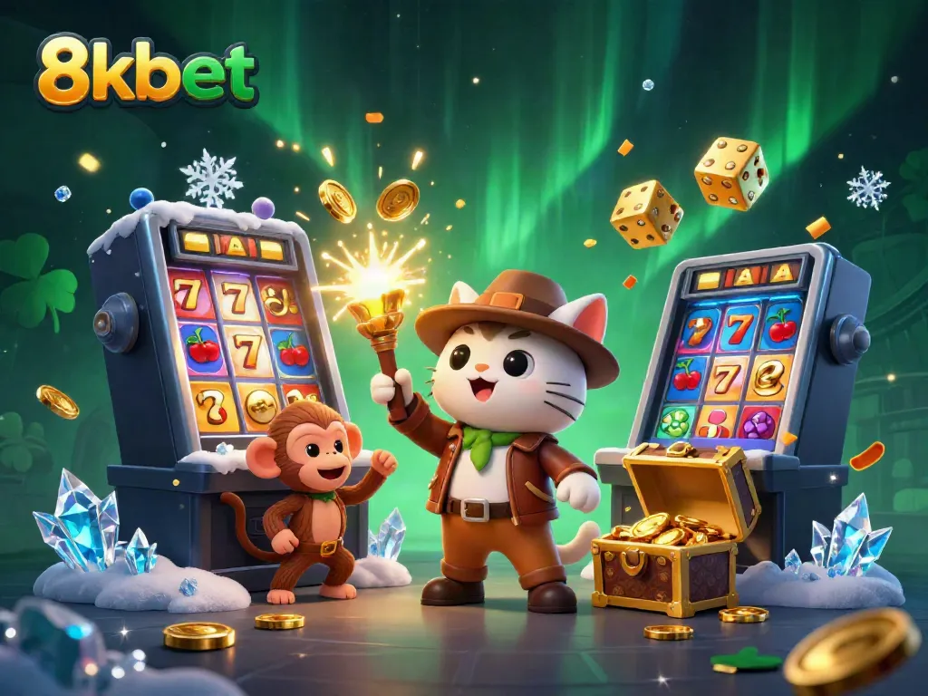 Win big at 8kbet with a vibrant illustration of an explorer cat uncovering casino treasures amidst dynamic gaming elements.