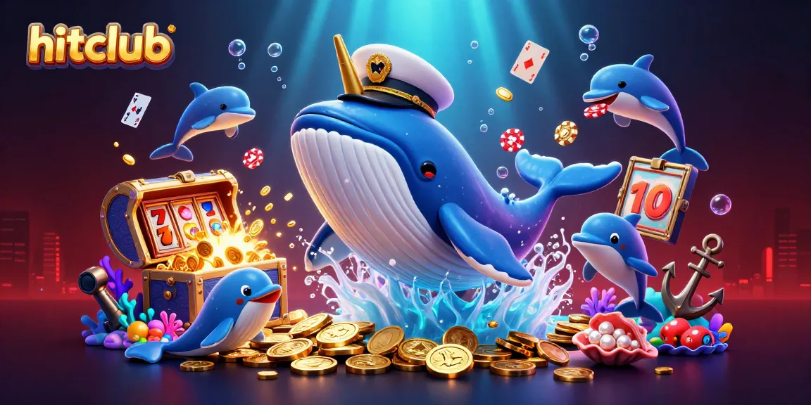 Hitclub showcases a vibrant 3D scene with playful dolphins and a captain whale in a jackpot treasure hunt.