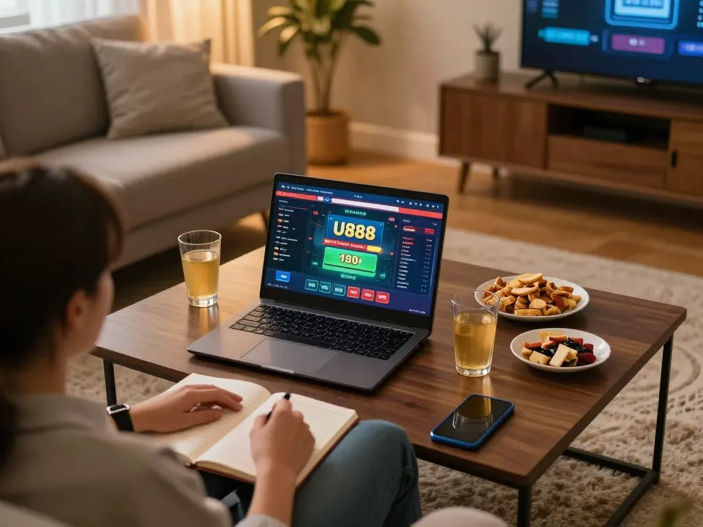 Engaging in online gaming at U888 platform on a cozy home setup