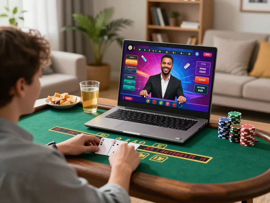 Player enjoying online blackjack at HZ88 with laptop in cozy living room setting.