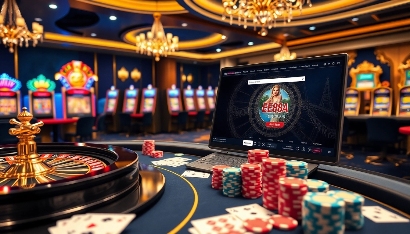 An engaging online gambling interface with ee88a.co.com showcasing vibrant casino elements like poker chips and roulette wheels.