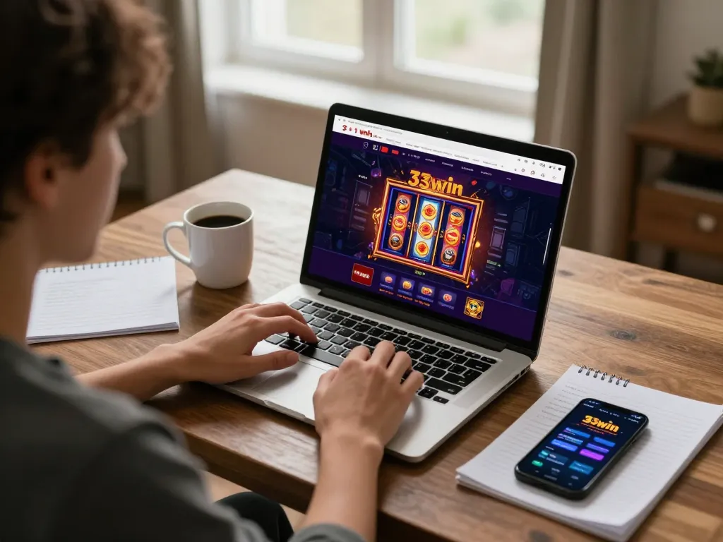 Engaged user playing online at 33win casino with laptop, warm home setting, demonstrating responsible gambling.