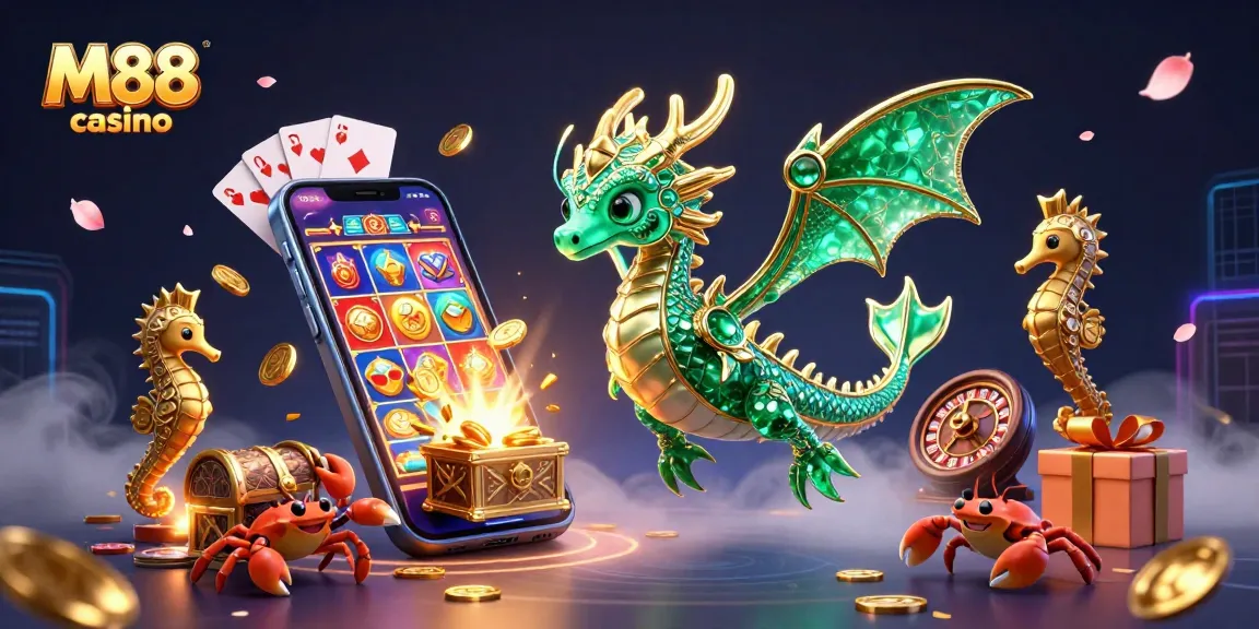 Experience the thrill of M88 casino with vibrant 3D illustrations of exciting gaming adventures.