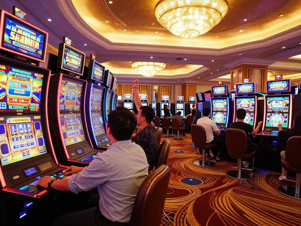 Players enjoying colorful slot machines at 56WIN casino, celebrating wins in a vibrant setting