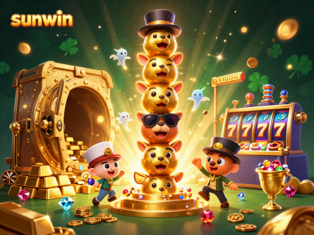 Experience sunwin's vibrant gaming world with a dynamic 3D illustration featuring exciting jackpot elements.