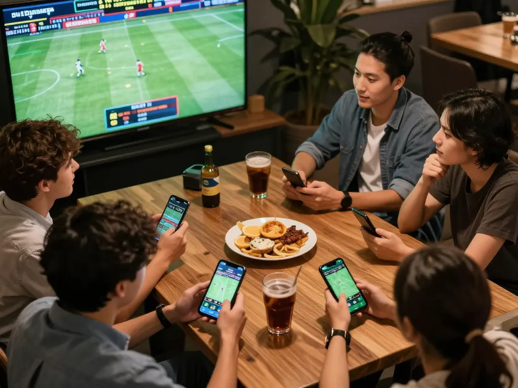 Friends engaging in sports betting with the Bsport app during a live game, creating an exciting atmosphere.