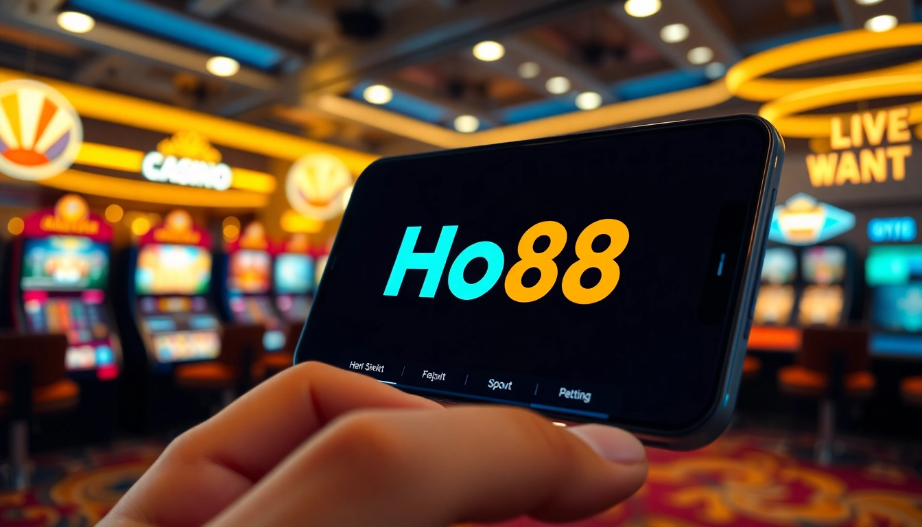 Exciting online gambling experience with Ho88 logo on a smartphone interface showcasing sports betting and casino games.