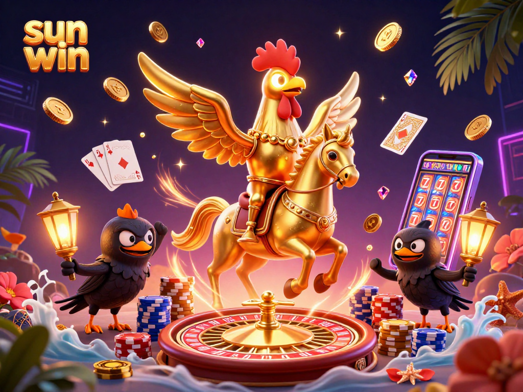 Win big with sun win as golden rooster and spooky companions spin the roulette in this vibrant casino scene.