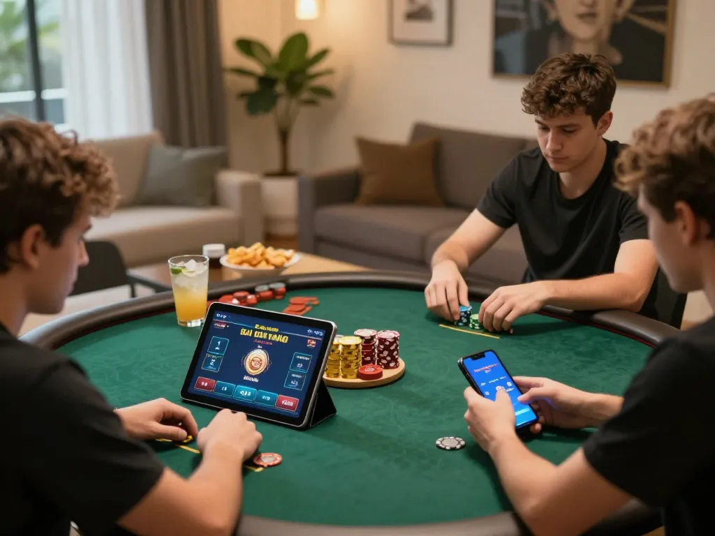 Engaged players enjoying Game Bài Đổi Thưởng on tablets and smartphones in a cozy home setting