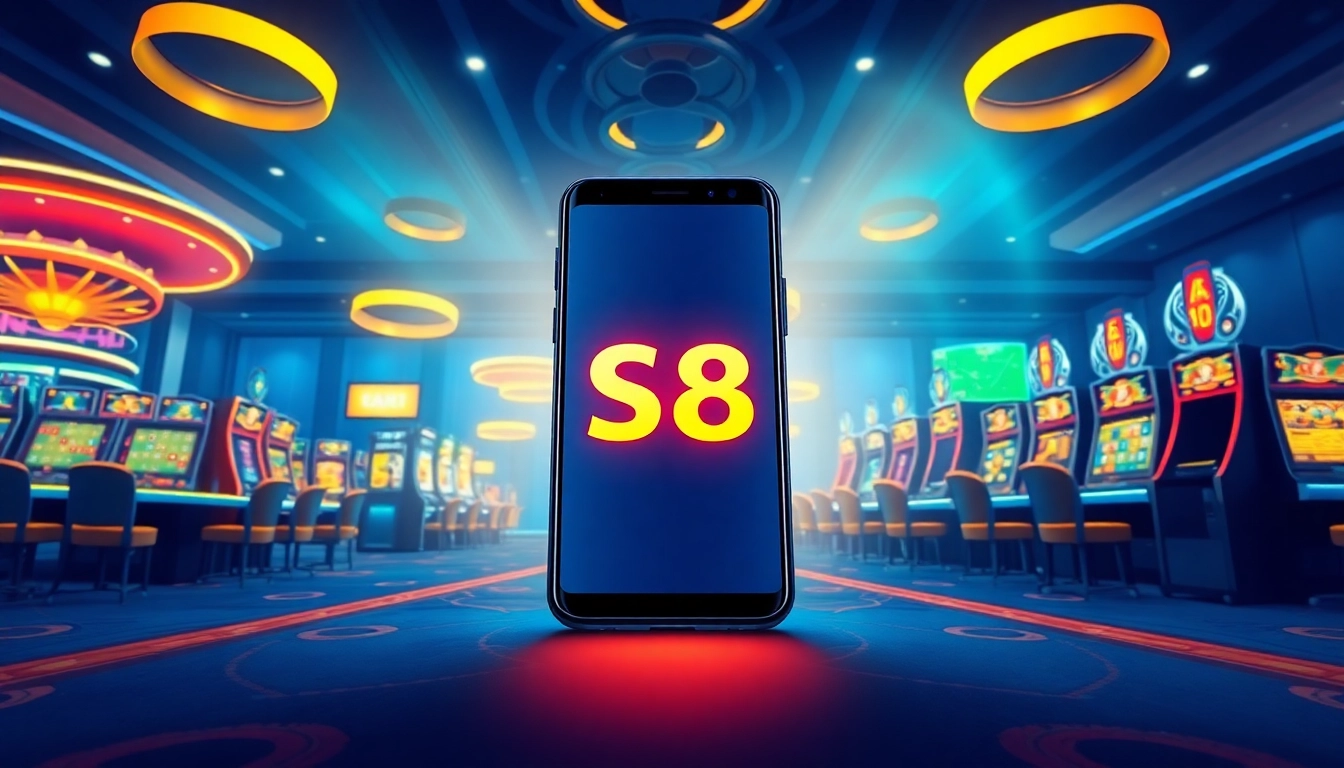 S8 online gaming platform featuring vibrant smartphone display and casino environment
