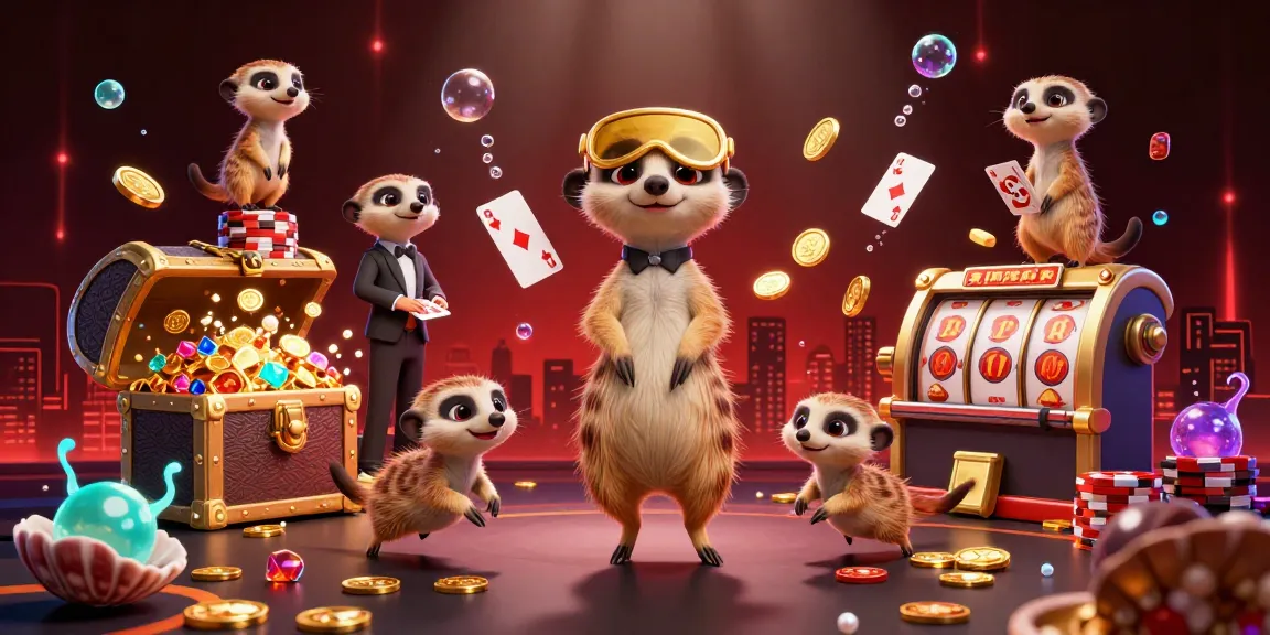 Win big at 98WIN COM with meerkats in a lavish casino, showcasing vibrant games and excitement.