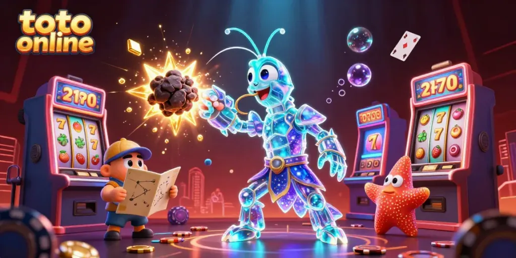 Toto online gambling scene with a galactic mantis shrimp, slot symbols, and gold coins exploding around.
