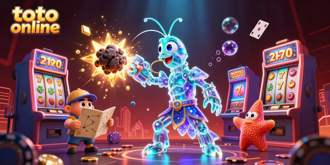 Toto online gambling scene with a galactic mantis shrimp, slot symbols, and gold coins exploding around.