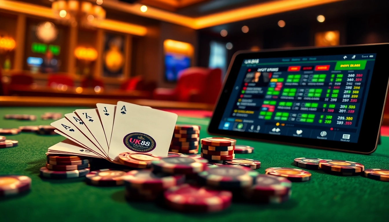 The competitive atmosphere of online gambling with UK88's vibrant poker chips and sports betting interface.