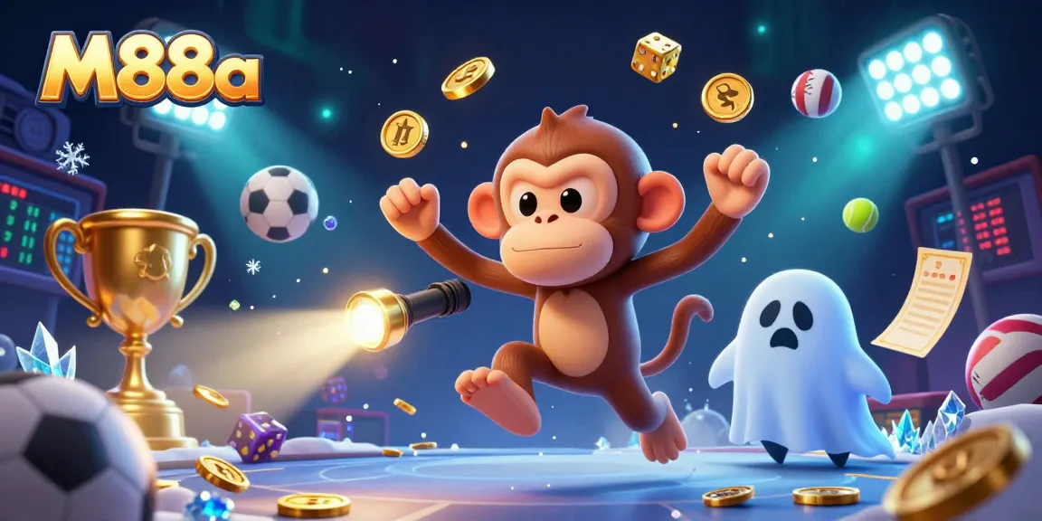 M88a showcases an energetic ghost-hunter puppy tracking a mischievous poltergeist monkey in a haunted casino.