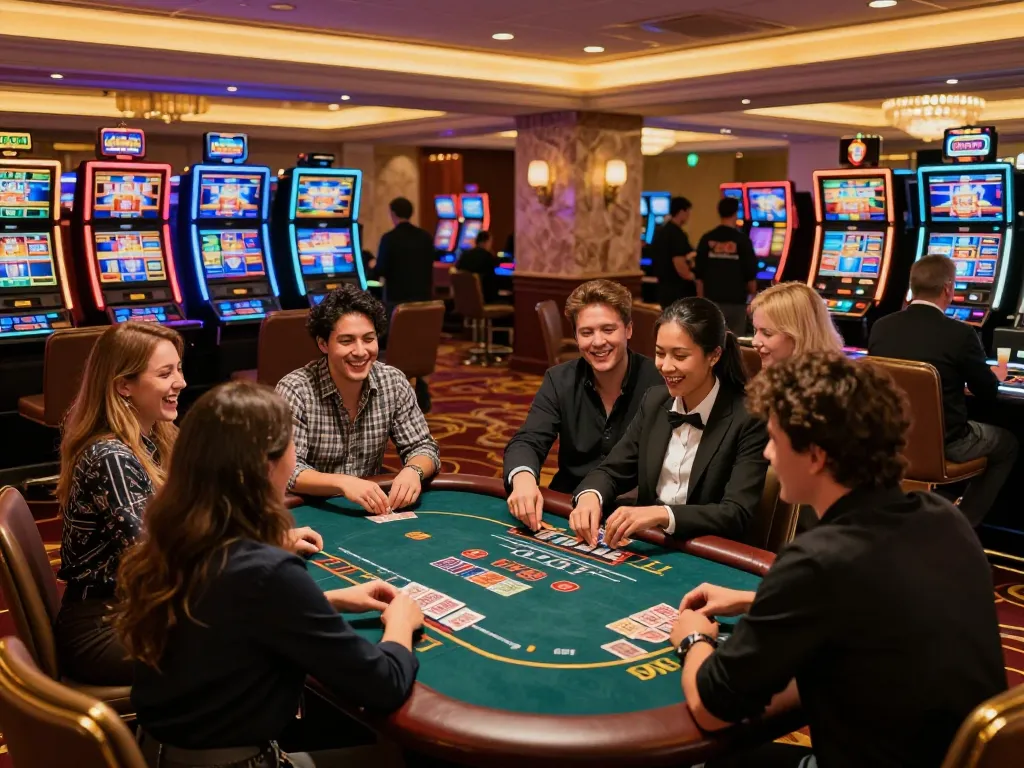 Exciting casino gameplay at f168, capturing friends enjoying a poker game amidst vibrant slots and warm lighting.