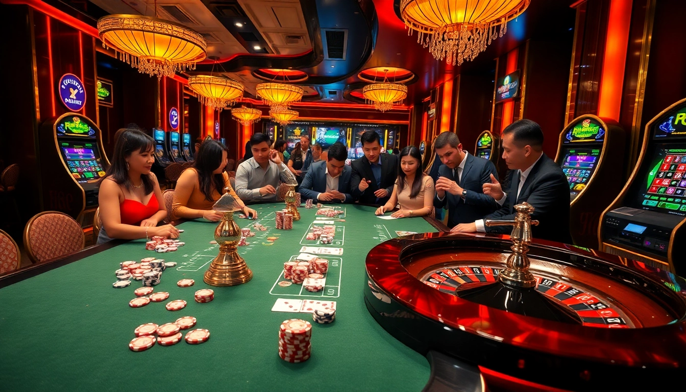 Engaging scene of Nhà cái vaoluoitv with enthusiastic gamblers at a vibrant casino table.