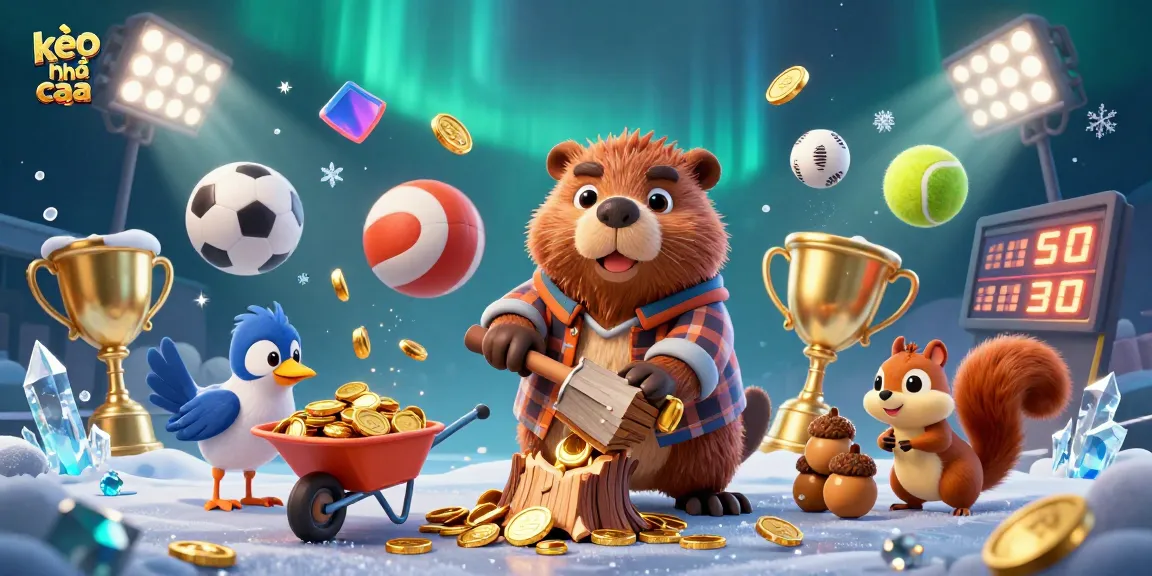 Engage with kèo nhà cái through a vibrant scene of beaver collecting coins and sports betting elements.