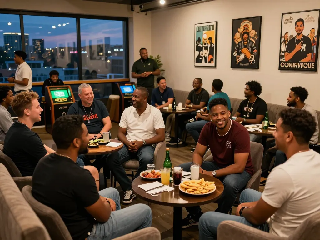 Men engaging in camaraderie at a social club, embodying the essence of manclub.