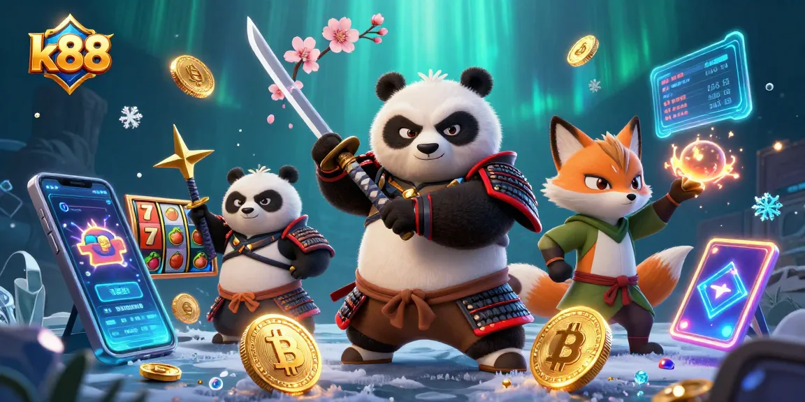 Engage in winning strategies at k88 with a dynamic scene of samurai panda and ninja fox at a vibrant casino.
