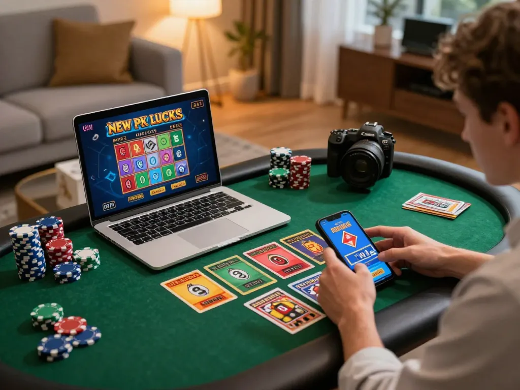 Engaging in new pk luck gaming at home with laptop and smartphone on a stylish betting table.
