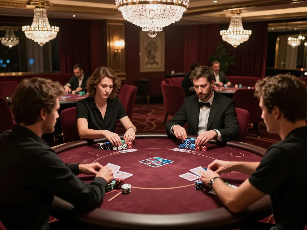 Players enjoying high-stakes poker in a luxurious casino involving the Link truy cập Tx88 gaming experience.