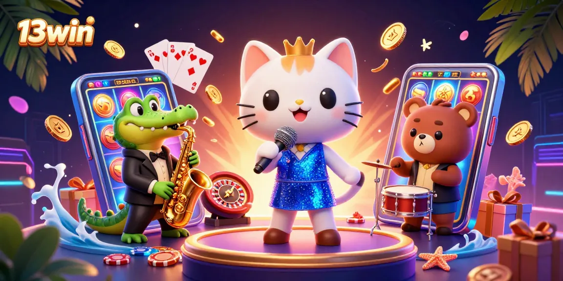 Engage with the vibrant 13win casino experience featuring a jazzy cat, crocodile, and bear cub.