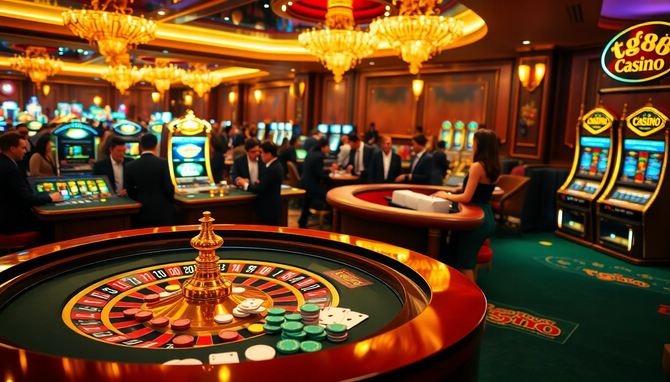 Exciting gameplay at tg88 casino with vibrant slot machines and players engaged in poker.