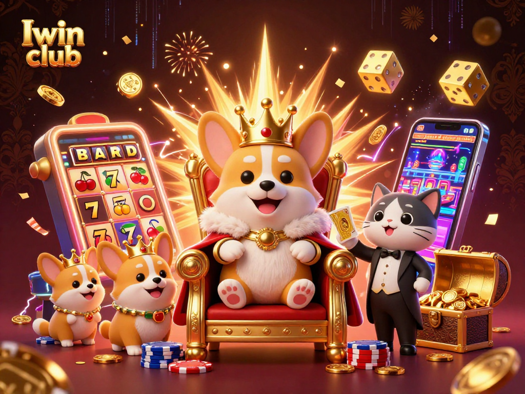 Iwin club showcases a vibrant jackpots scene with a royal corgi and butler amidst casino excitement.