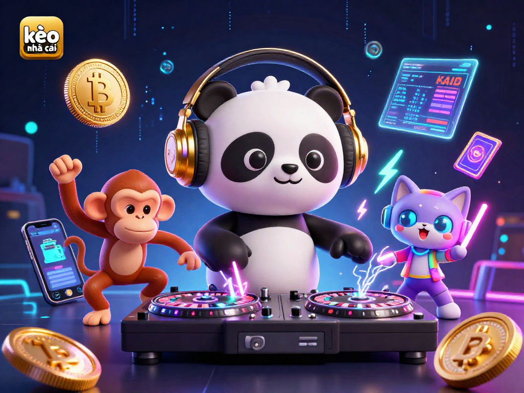 Spin and win with kèo nhà cái in a vibrant 3D casino illustration featuring DJ panda and dancing characters.