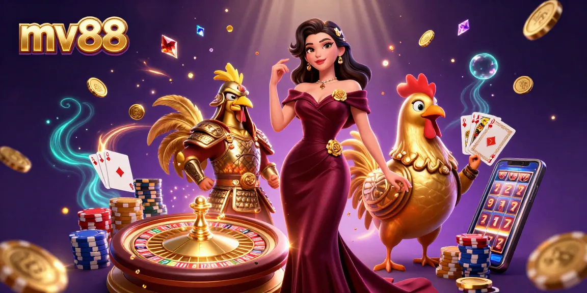 Experience high-stakes play at mv88 with a vibrant 3D casino scene filled with golden coins and legendary characters.