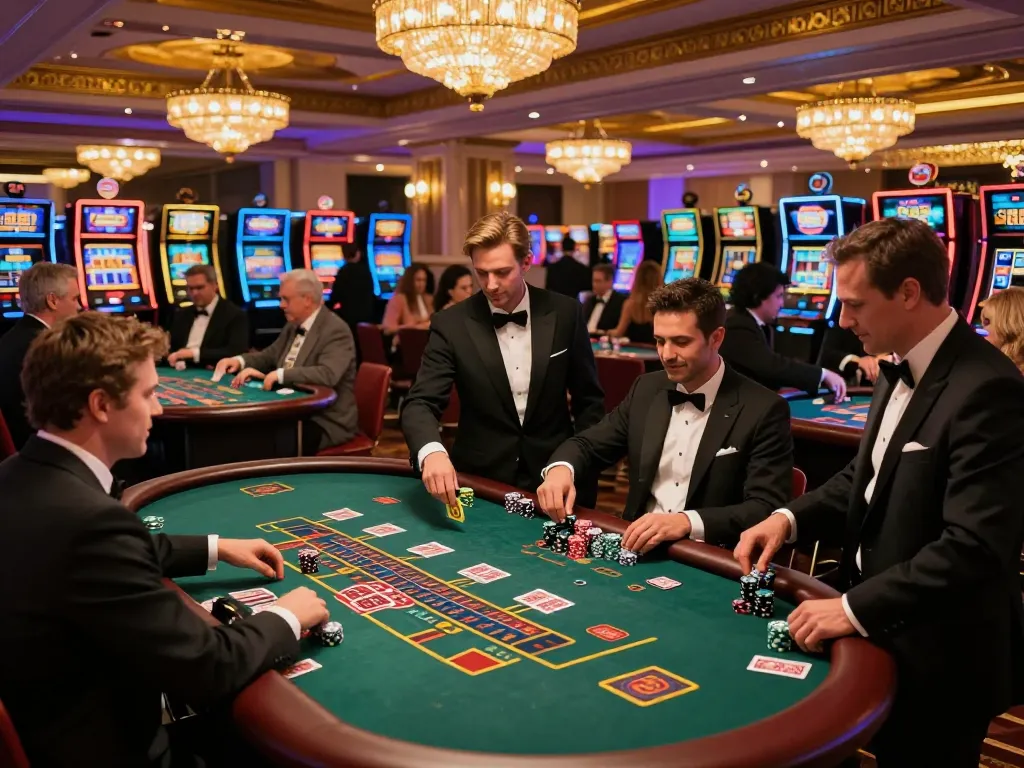 vin88 players celebrating wins at casino tables, including blackjack and roulette, vibrant atmosphere