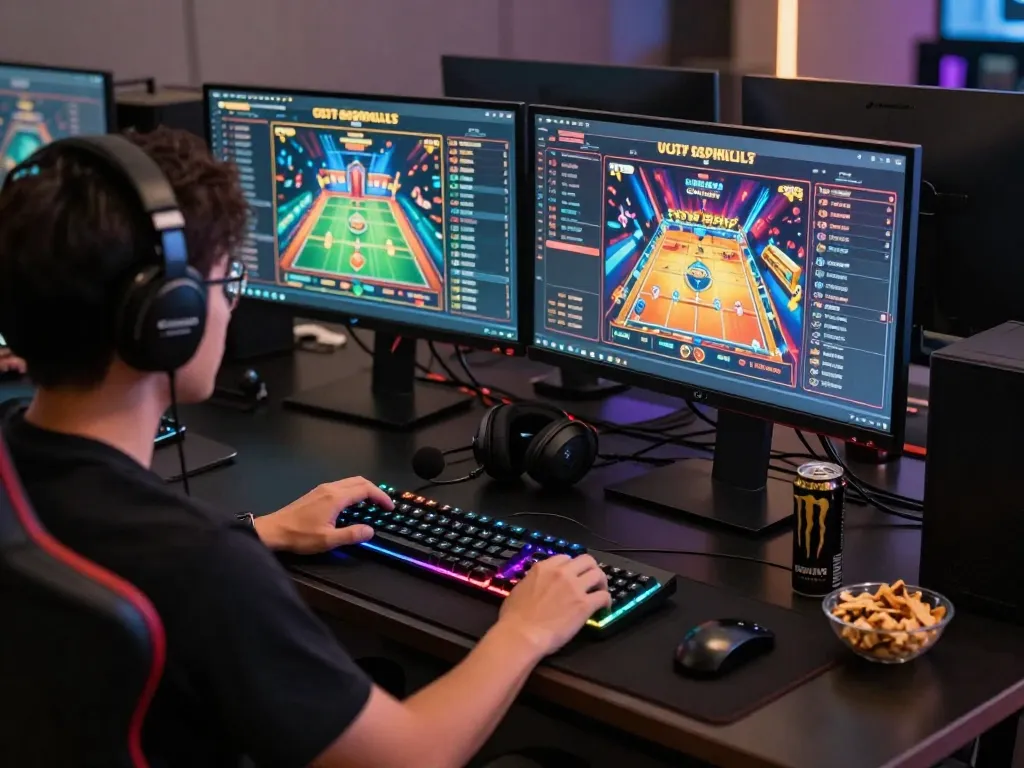 Engaged gamer exploring gem88 online casino games at a sleek desk setup
