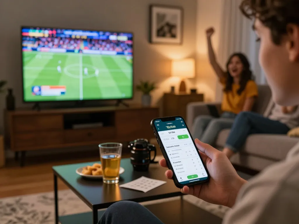 Engaging sports betting activity showcasing tỷ lệ nhà cái on smartphone during a live game.