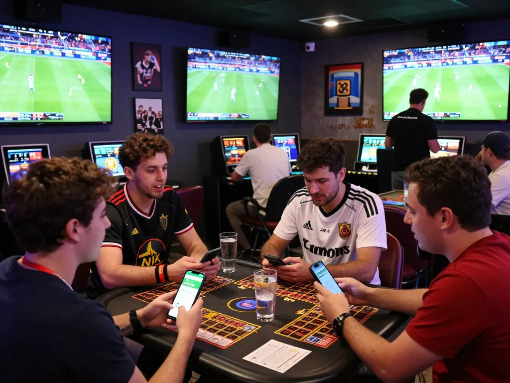 Group of friends enjoying a sports match while using the rikbet app in a lively gaming lounge