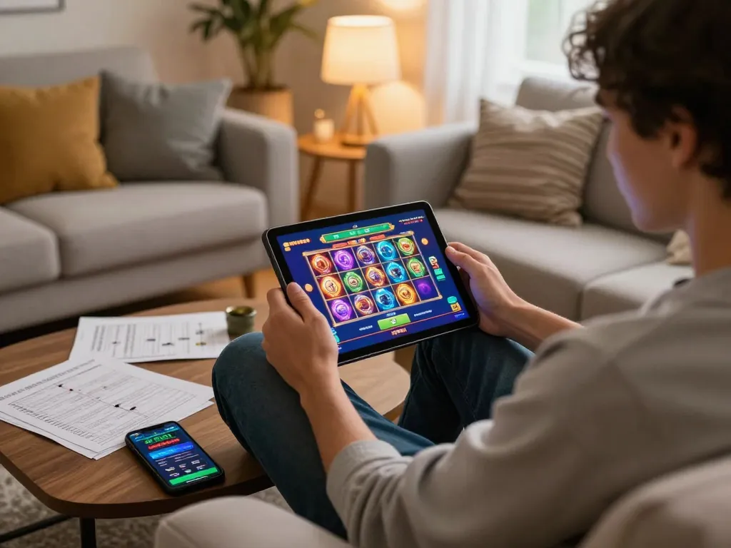 Experience thrilling Slot Malaysia gameplay on a tablet with a cozy home setting