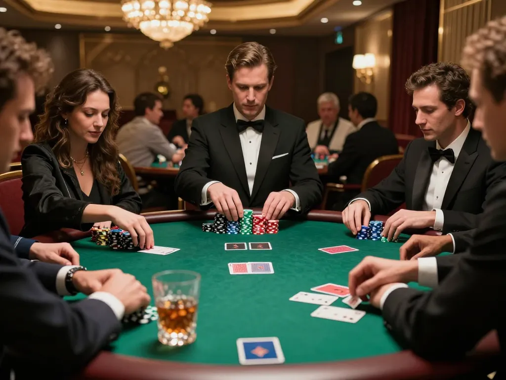 Kuwin1 poker game in a luxurious casino setting with players strategizing bets.