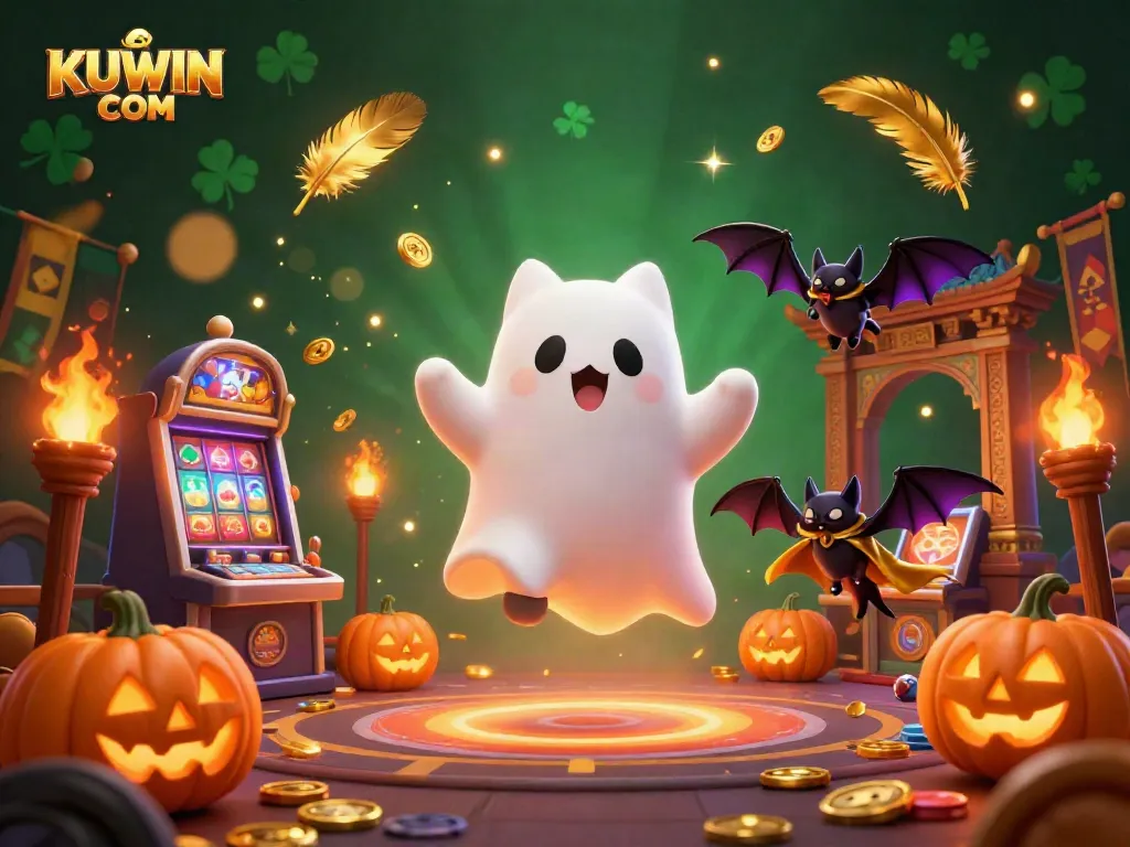 Experience thrilling entertainment at KUWIN COM with a lively casino scene featuring a ghost cat and vampire bat.