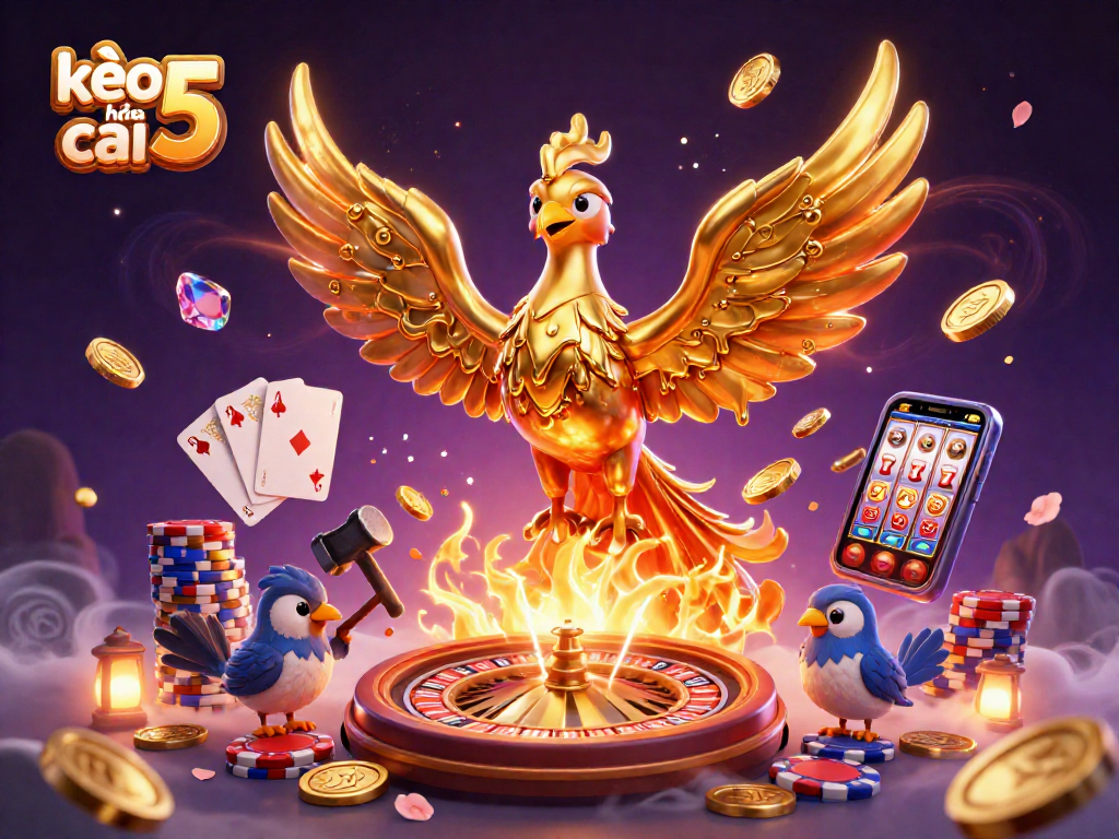 Engage with kèo nhà cái 5's thrilling gaming experience featuring a vibrant 3D casino illustration.