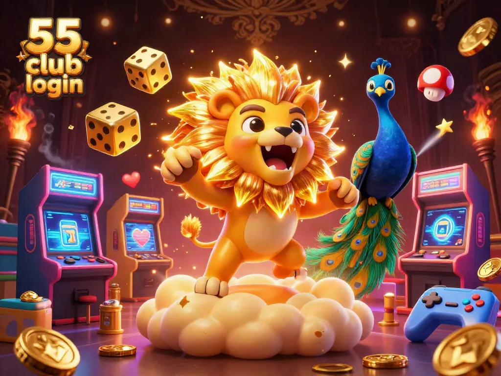 Experience thrilling gaming with the 55 club login, featuring iconic gaming elements in a dynamic composition.