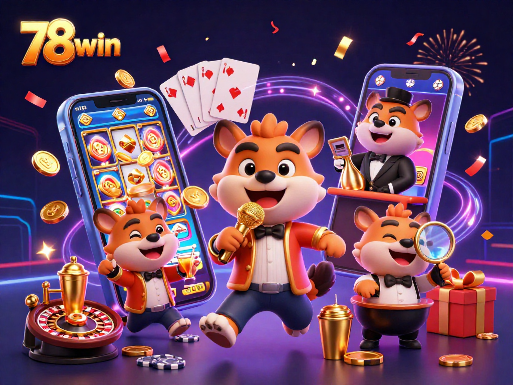 Experience the thrill of 78win with hyenas at a comedy casino, complete with slot games and vibrant visuals!