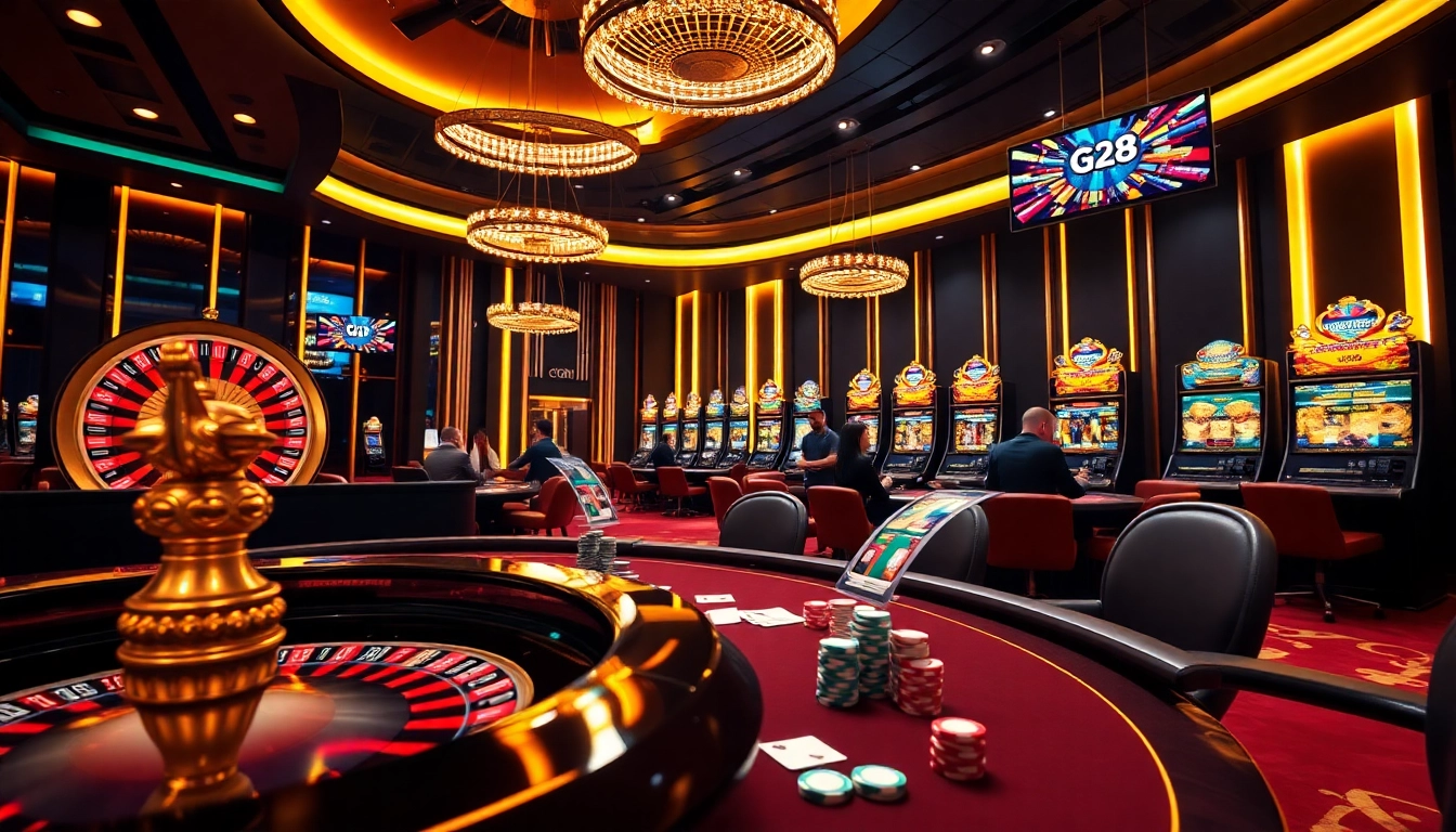 Experience high-stakes action at g28 trang chủ with a luxurious casino scene featuring roulette and poker.