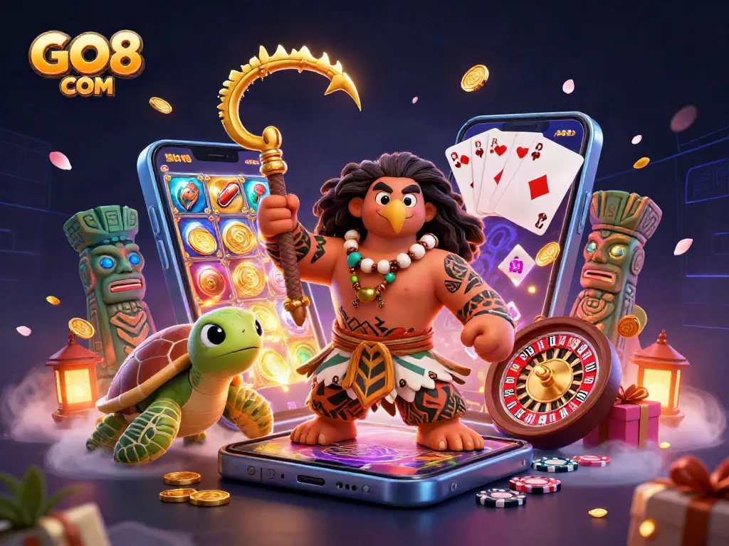 Experience action at GO8 COM with a dynamic 3D casino scene featuring a demigod and exciting game elements.