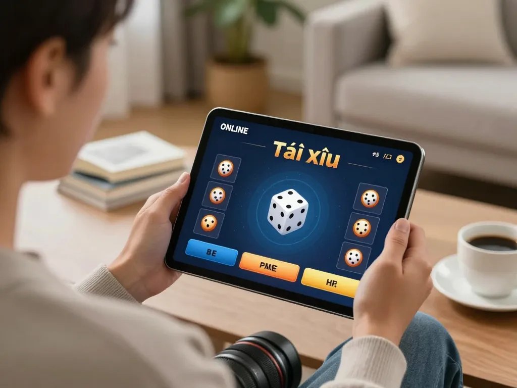 Engaged player using taixiuonlinego app for online Tài Xỉu gaming in a cozy home environment.
