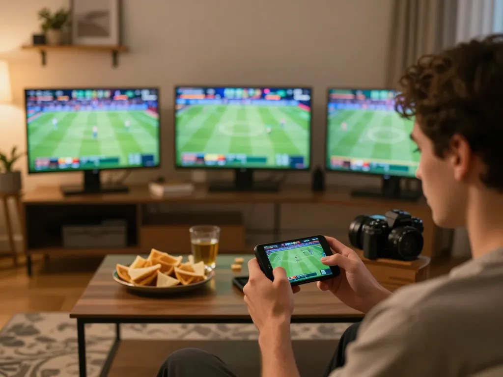 Placing sports bets on smartphone in a cozy home setting, featuring RED88 excitement.